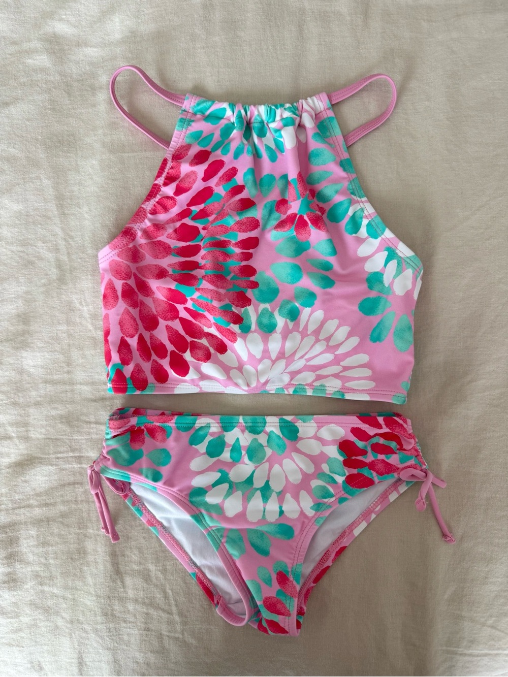 Kanu Girls Pink Floral High-Neck Two-Piece Swimsuit